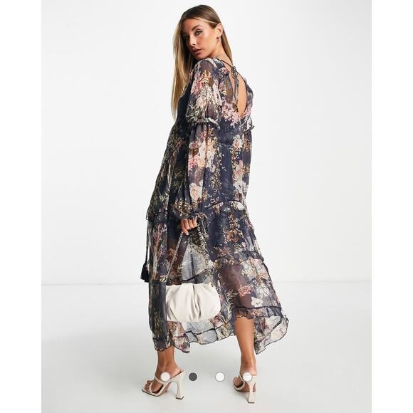 ASOS Tiered Chiffon Sheer Long Sleeve Midi Dress Navy Floral 2 Boho Flowy - Picture 2 of 12